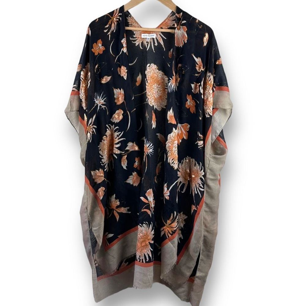 Woven Heart Womens Floral Kimono Top Cardigan Open Front Boho Blue One Size